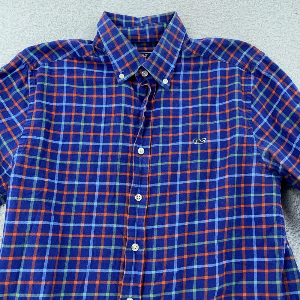 Vineyard Vines Slim Fit Whale Shirt Mens Medium Blue‎ Orange Plaid Button Down